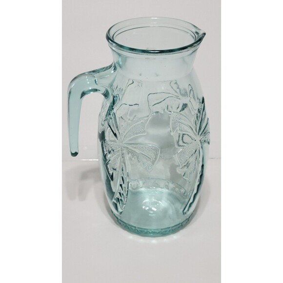 Vintage Vetreria Etrusca Pitcher Thick Green Glass Raised Palm Trees Italy READ - Picture 4 of 11